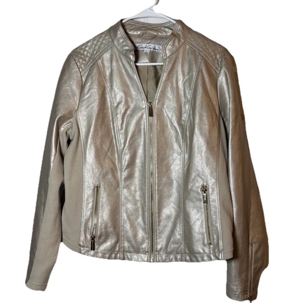 Kenneth Cole New York L Metallic Gold Faux Leather Moto Jacket Zip Front Women's